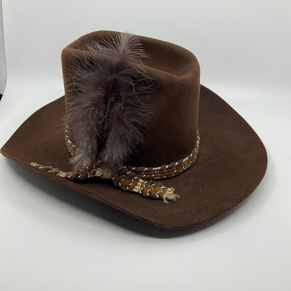 Vintage Lanning Dynafelt Cowboy Hat Feathered Band Made in Canada Western Brown - Picture 5 of 7